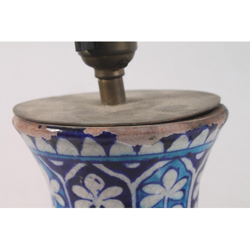 50 - Iznik style terracotta blue and white painted baluster urn converted to a table lamp.
