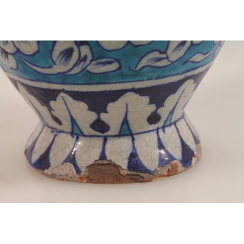 50 - Iznik style terracotta blue and white painted baluster urn converted to a table lamp.