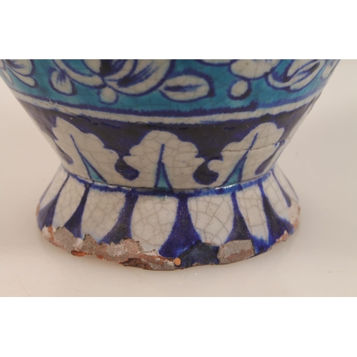 50 - Iznik style terracotta blue and white painted baluster urn converted to a table lamp.