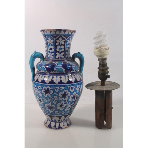 50 - Iznik style terracotta blue and white painted baluster urn converted to a table lamp.