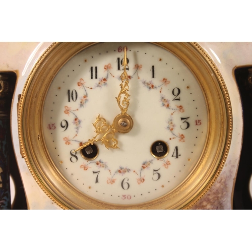 51 - French porcelain mantel clock with hand-painted classical scene, signed Petit, the dial with garland... 