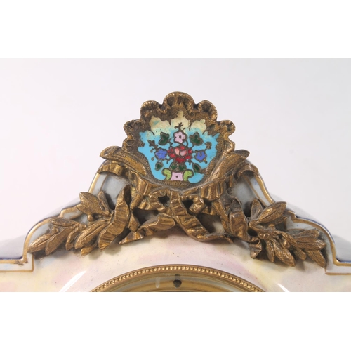 51 - French porcelain mantel clock with hand-painted classical scene, signed Petit, the dial with garland... 