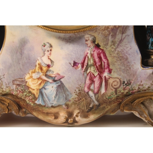 51 - French porcelain mantel clock with hand-painted classical scene, signed Petit, the dial with garland... 