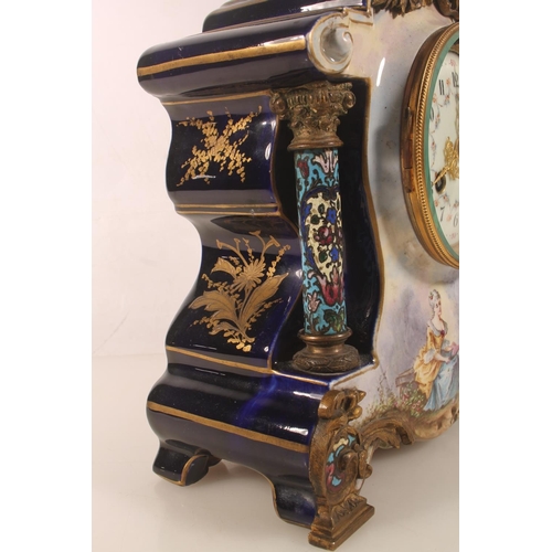 51 - French porcelain mantel clock with hand-painted classical scene, signed Petit, the dial with garland... 