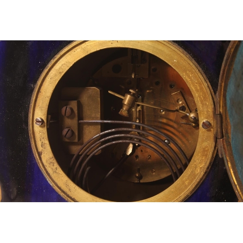 51 - French porcelain mantel clock with hand-painted classical scene, signed Petit, the dial with garland... 