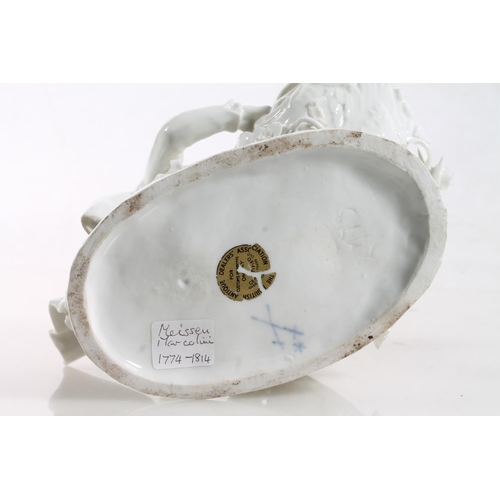 56 - Antique porcelain basket modelled with figure clutching flower support, Meissen style blue crossed s... 