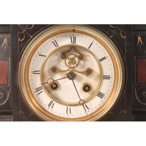 57 - Antique slate mantel clock with brocot escapement, striking on a bell, 20cm high.
