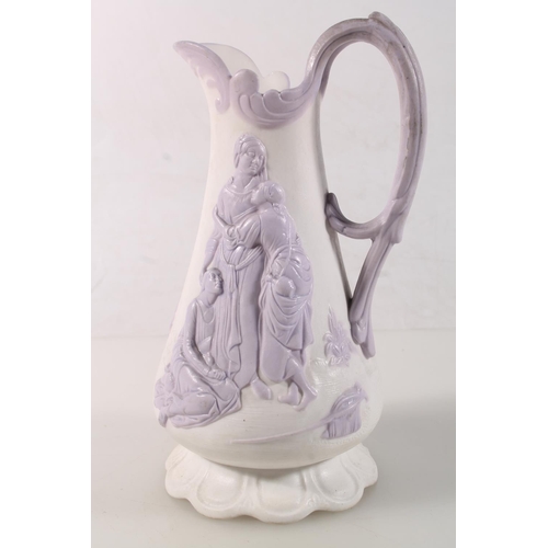 7 - Samuel Alcock & Co. Naomi and her Daughters-in-law pink and white relief decorated jug., 20cm hi... 