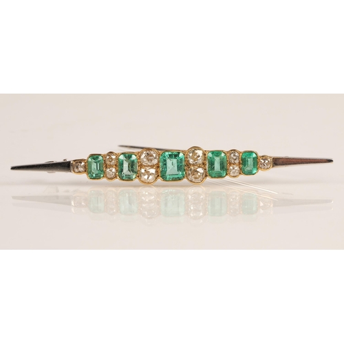 55 - Good ladies 18ct two tone gold emerald and diamond bar brooch, five emeralds interspersed with gradu... 