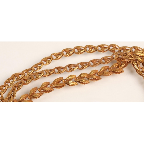 57 - Ladies three strand yellow metal bracelet with enamelled mourning clasp, 10.2g