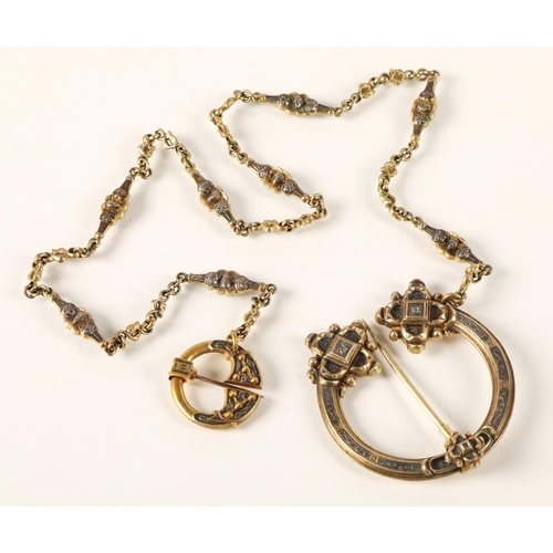 58 - Pennanular yellow metal brooch and chain, chain length 46cm