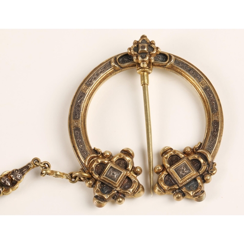 58 - Pennanular yellow metal brooch and chain, chain length 46cm