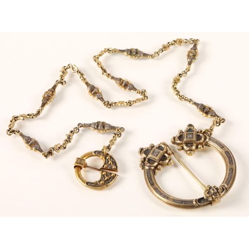 58 - Pennanular yellow metal brooch and chain, chain length 46cm