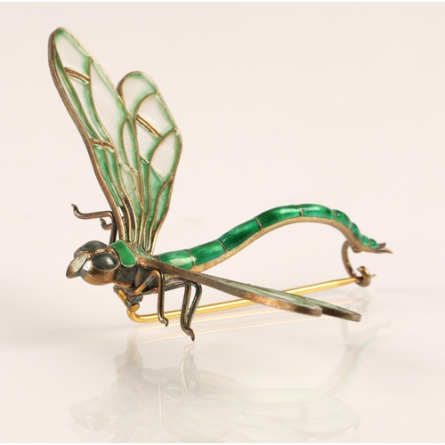 59 - Art Nouveau style Scandinavian enamelled dragonfly brooch, Marius Hammer of Norway, 930 silver, gree... 
