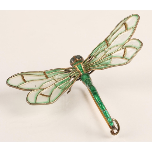 59 - Art Nouveau style Scandinavian enamelled dragonfly brooch, Marius Hammer of Norway, 930 silver, gree... 