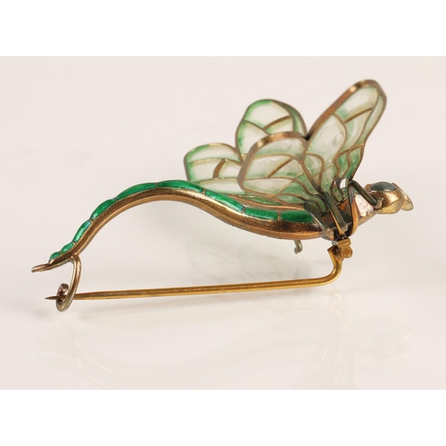 59 - Art Nouveau style Scandinavian enamelled dragonfly brooch, Marius Hammer of Norway, 930 silver, gree... 