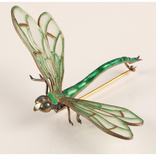 59 - Art Nouveau style Scandinavian enamelled dragonfly brooch, Marius Hammer of Norway, 930 silver, gree... 