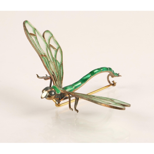 59 - Art Nouveau style Scandinavian enamelled dragonfly brooch, Marius Hammer of Norway, 930 silver, gree... 