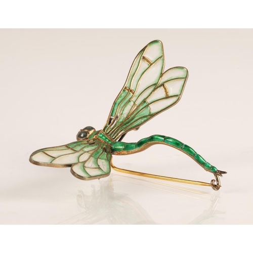 59 - Art Nouveau style Scandinavian enamelled dragonfly brooch, Marius Hammer of Norway, 930 silver, gree... 