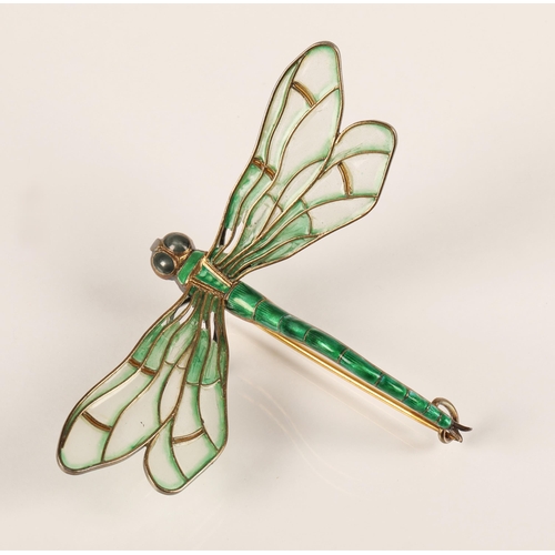 59 - Art Nouveau style Scandinavian enamelled dragonfly brooch, Marius Hammer of Norway, 930 silver, gree... 