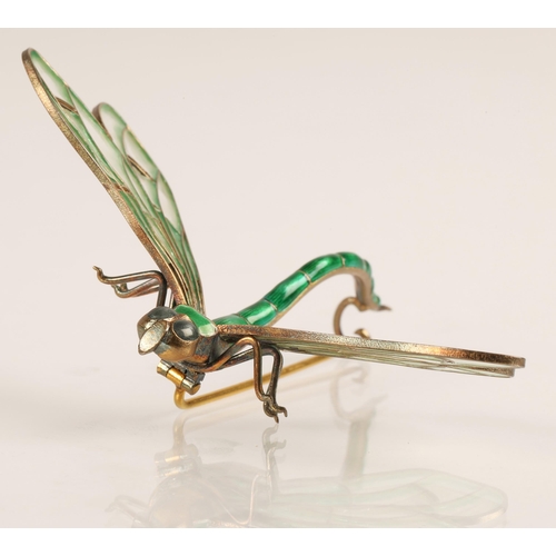 59 - Art Nouveau style Scandinavian enamelled dragonfly brooch, Marius Hammer of Norway, 930 silver, gree... 