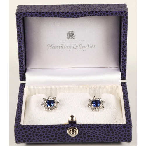 64 - Pair of ladies 18ct white gold sapphire and diamond earrings, central sapphire surrounded by eight s... 