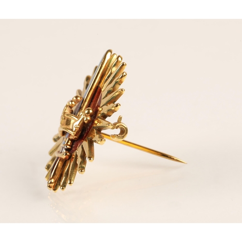 73A - Imperial Society Knights bachelor 9ct gold and enamel sunburst badge with a crown and sword by Garra... 