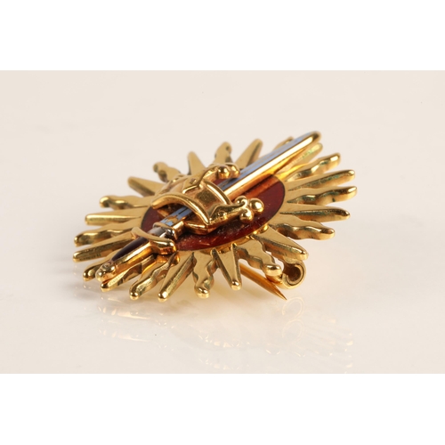 73A - Imperial Society Knights bachelor 9ct gold and enamel sunburst badge with a crown and sword by Garra... 