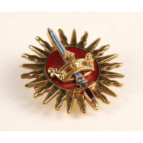 73A - Imperial Society Knights bachelor 9ct gold and enamel sunburst badge with a crown and sword by Garra... 