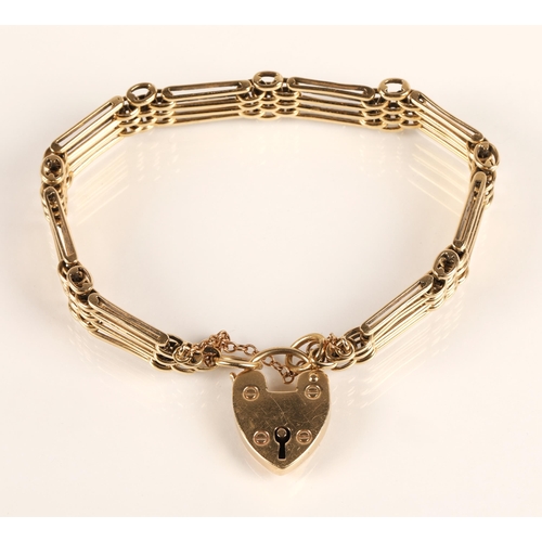 76 - Ladies 9ct yellow gold gate bracelet with padlock clasp, weight 25.6g
