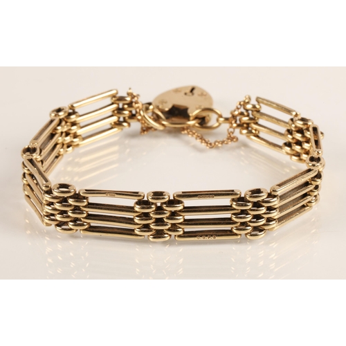 76 - Ladies 9ct yellow gold gate bracelet with padlock clasp, weight 25.6g