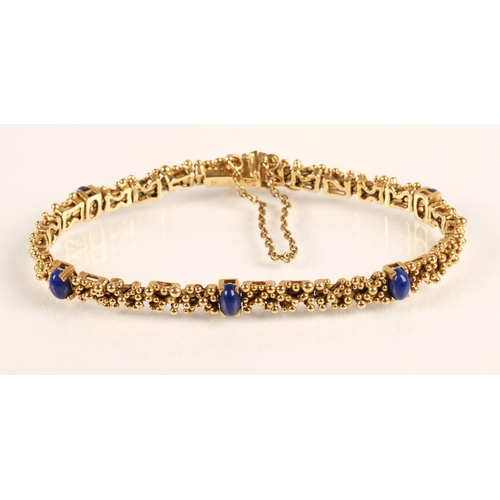 77 - Ladies 18ct yellow gold bracelet set with six lapis lazuli beads, gross weight 29.6g, approx. length... 