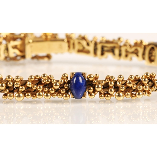 77 - Ladies 18ct yellow gold bracelet set with six lapis lazuli beads, gross weight 29.6g, approx. length... 