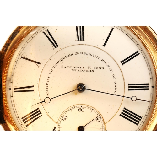 80 - Gents 18ct gold full hunter pocket watch by Fattorini & Sons, Bradford, white enamel dial with R... 