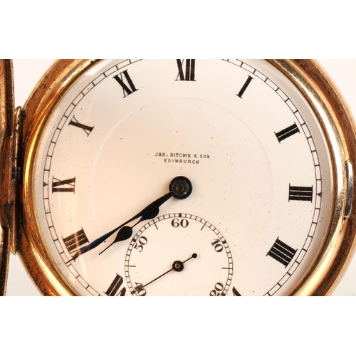 81 - Gents gold plated half hunter pocket watch, white enamel dial with Roman numerals and subsidiary dia... 