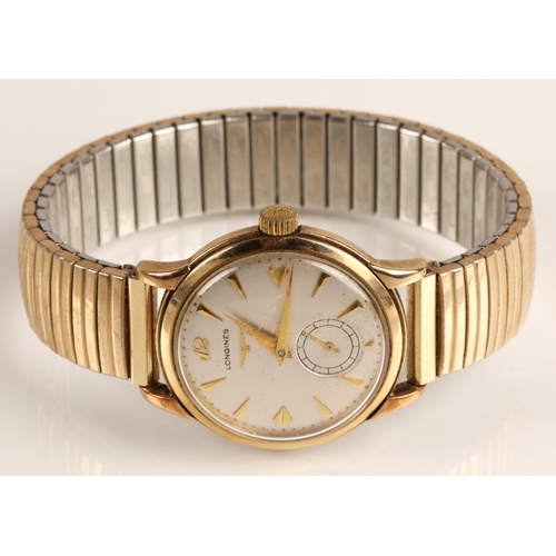82 - Gents 9ct yellow gold Longines wrist watch, champagne dial with hour marker batons and subsidiary di... 