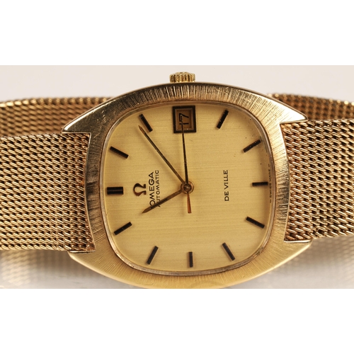 84 - 9ct gold Omega automatic wrist watch, champagne dial with baton hour markers and date aperture, on a... 