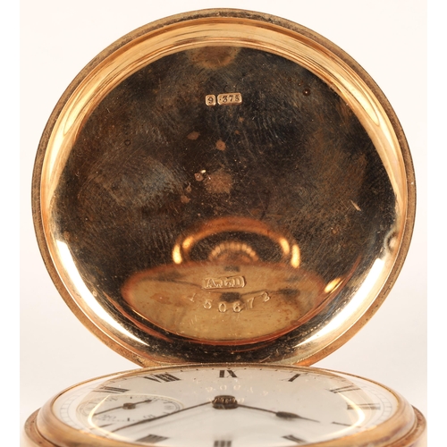 94 - Gents 9ct gold full hunter pocket watch, white enamel pocket watch with roman numerals and subsidiar... 
