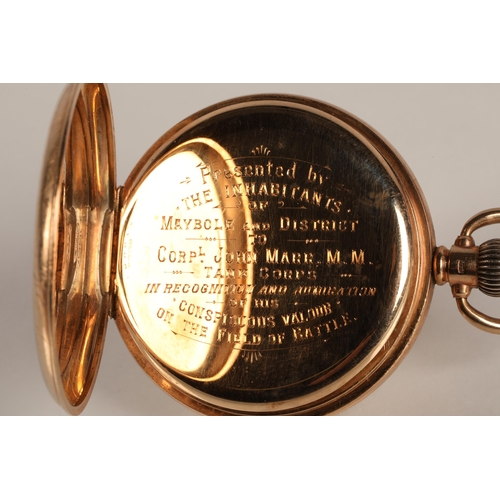 94 - Gents 9ct gold full hunter pocket watch, white enamel pocket watch with roman numerals and subsidiar... 