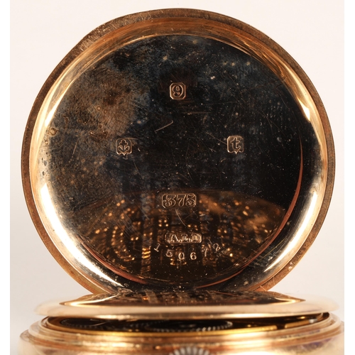 94 - Gents 9ct gold full hunter pocket watch, white enamel pocket watch with roman numerals and subsidiar... 