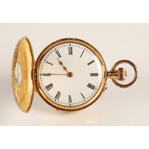 95 - Ladies 18k gold half hunter pocket watch, white enamel dial with Roman numerals, gross weight 33.9g... 