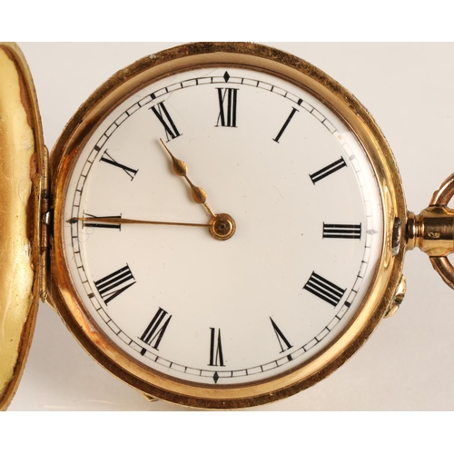 95 - Ladies 18k gold half hunter pocket watch, white enamel dial with Roman numerals, gross weight 33.9g... 