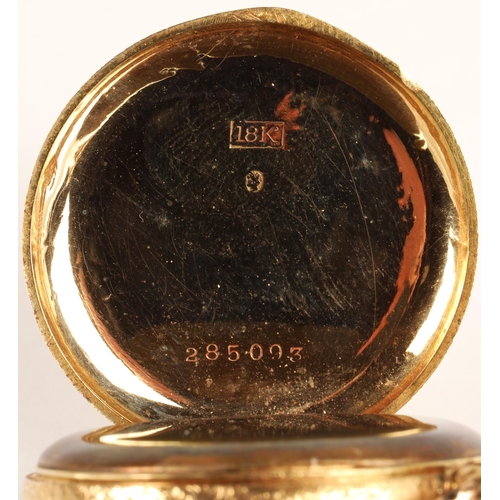 95 - Ladies 18k gold half hunter pocket watch, white enamel dial with Roman numerals, gross weight 33.9g... 