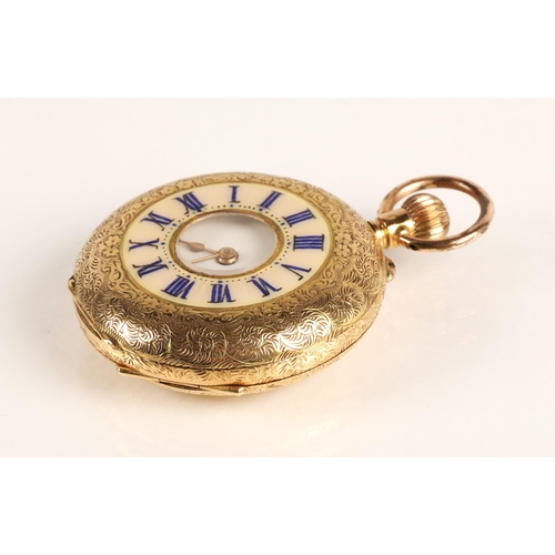 95 - Ladies 18k gold half hunter pocket watch, white enamel dial with Roman numerals, gross weight 33.9g... 