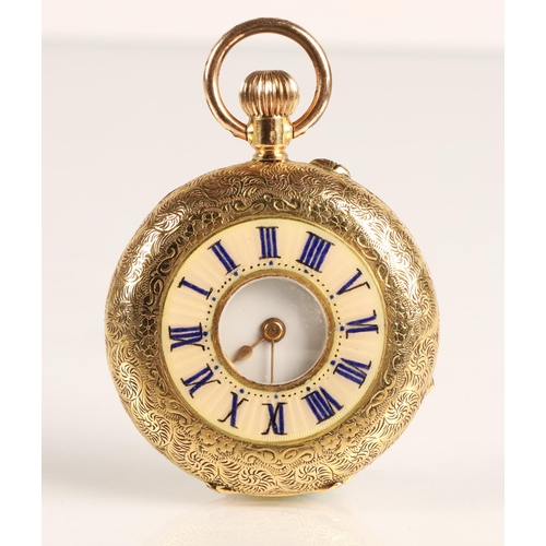 95 - Ladies 18k gold half hunter pocket watch, white enamel dial with Roman numerals, gross weight 33.9g... 