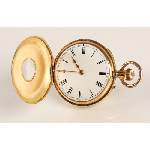 95 - Ladies 18k gold half hunter pocket watch, white enamel dial with Roman numerals, gross weight 33.9g... 