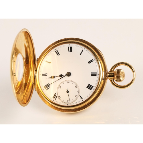 96 - Gents 18ct yellow gold half hunter pocket watch, white enamel dial with Roman numerals and subsidiar... 