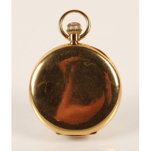 96 - Gents 18ct yellow gold half hunter pocket watch, white enamel dial with Roman numerals and subsidiar... 