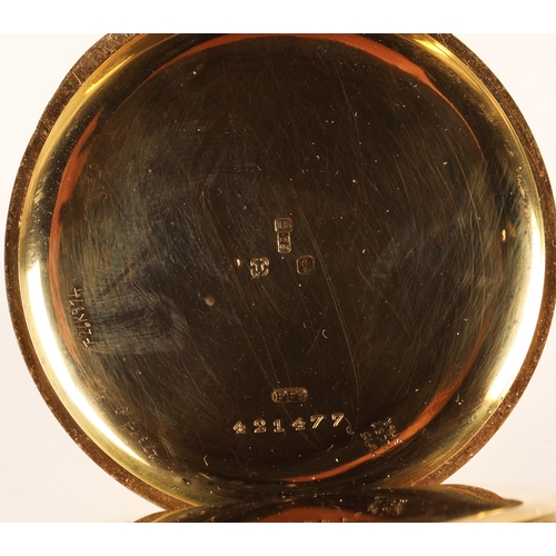 96 - Gents 18ct yellow gold half hunter pocket watch, white enamel dial with Roman numerals and subsidiar... 