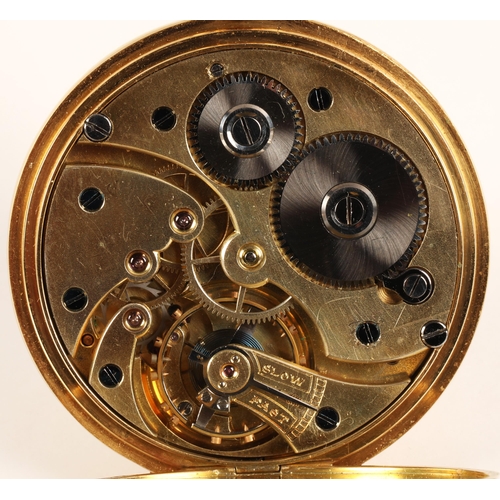 96 - Gents 18ct yellow gold half hunter pocket watch, white enamel dial with Roman numerals and subsidiar... 
